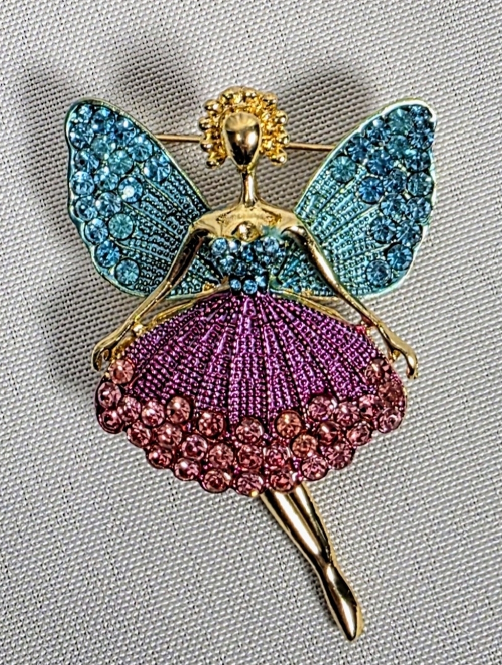 Rhinestone Fairy Brooch Blue Wings Pink Skirt Gold Tone Crystal Pin